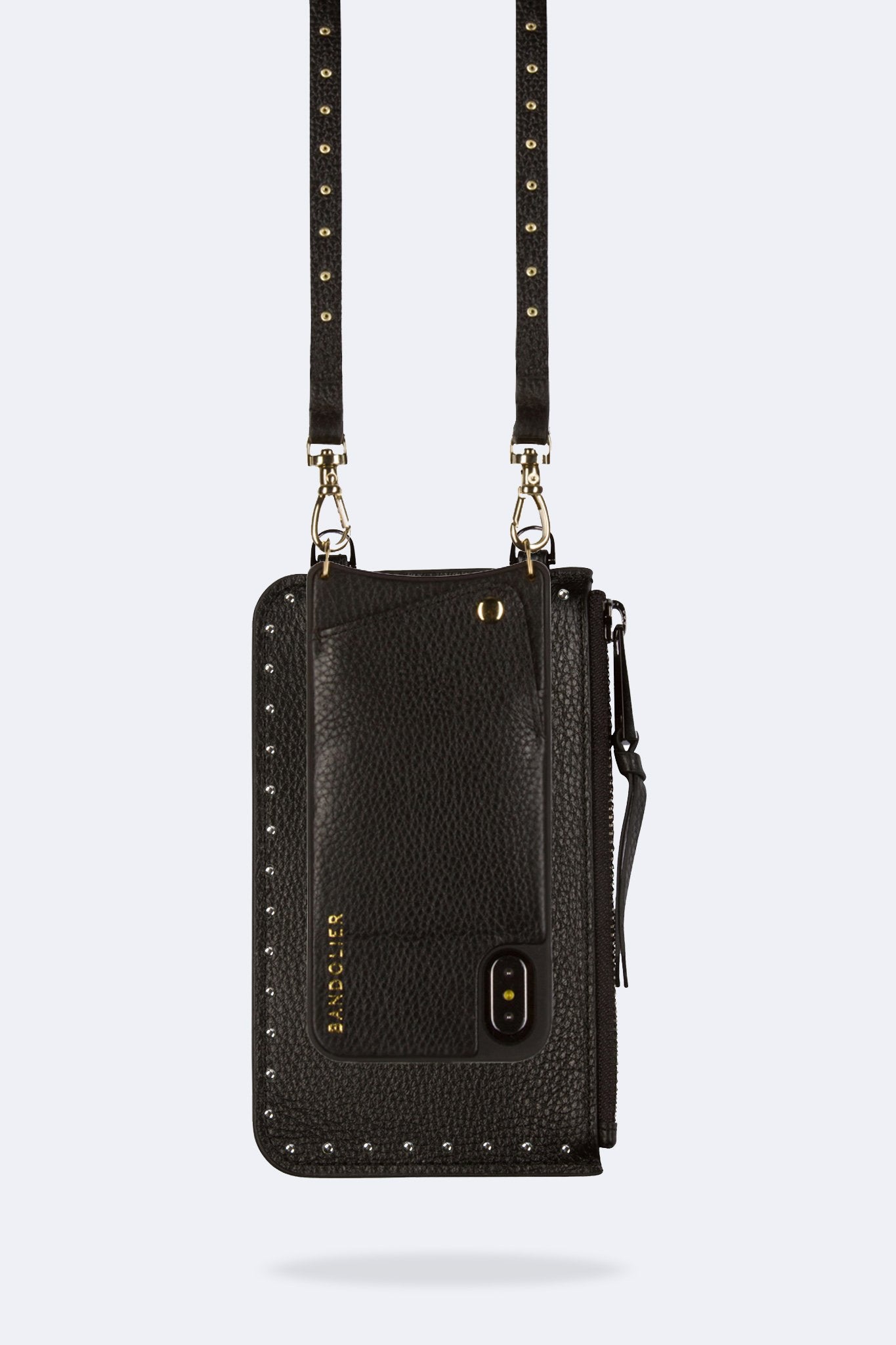 Pebble Leather Mini-Round Stud Zip Pouch - Black/Gold