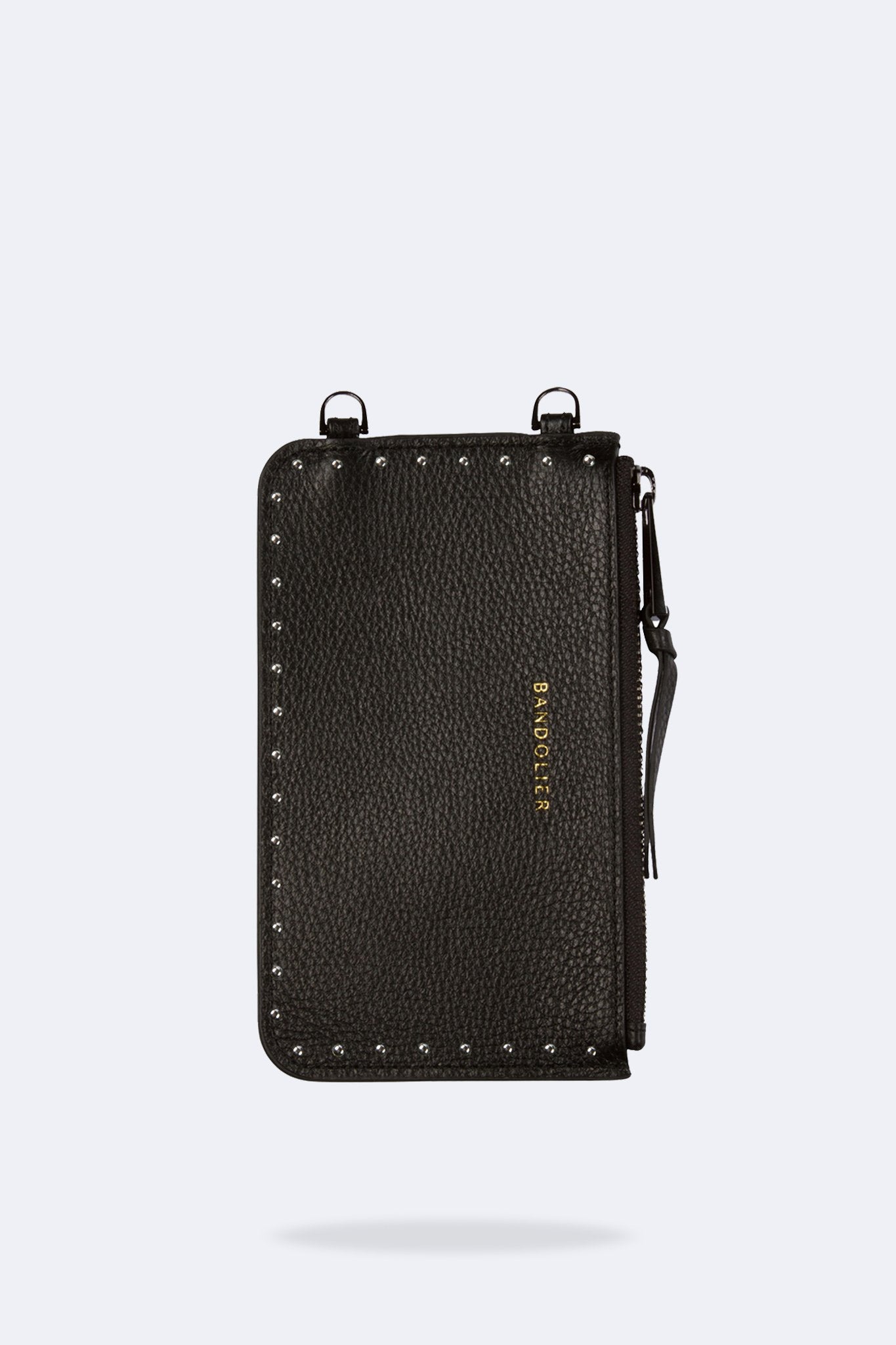 Pebble Leather Mini-Round Stud Zip Pouch - Black/Gold