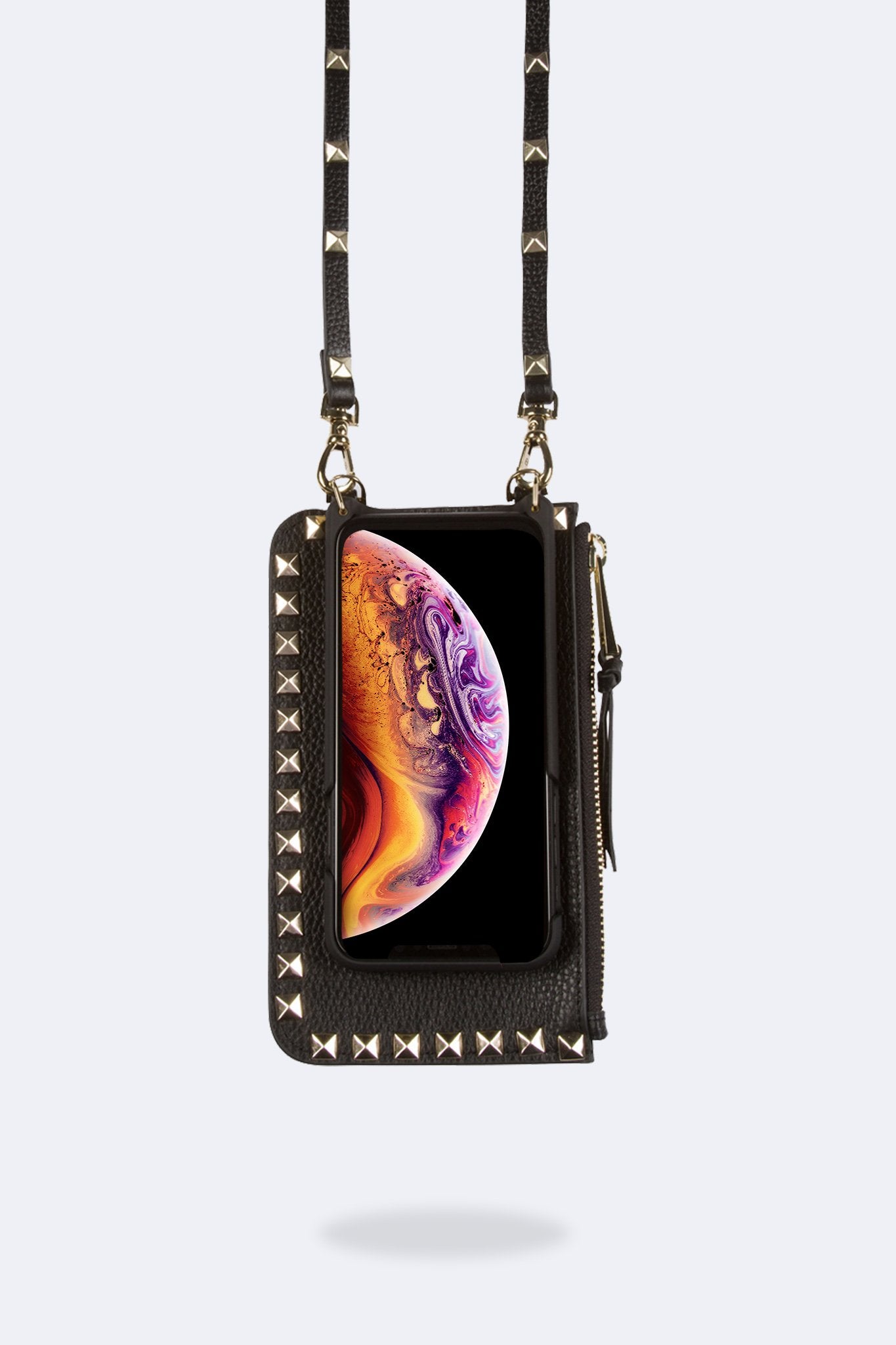 Pebble Leather Pyramid Stud Zip Pouch - Black/Gold