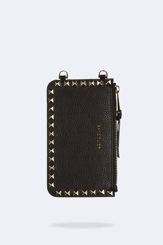 Pebble Leather Pyramid Stud Zip Pouch - Black/Gold