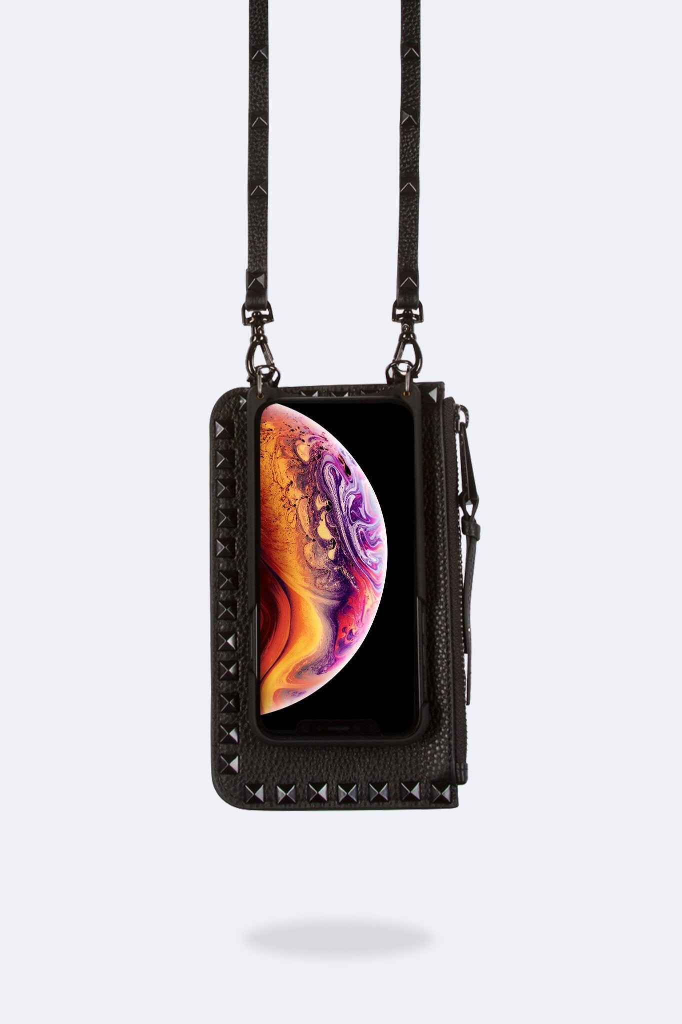 Pebble Leather Pyramid Stud Zip Pouch - Black/Pewter