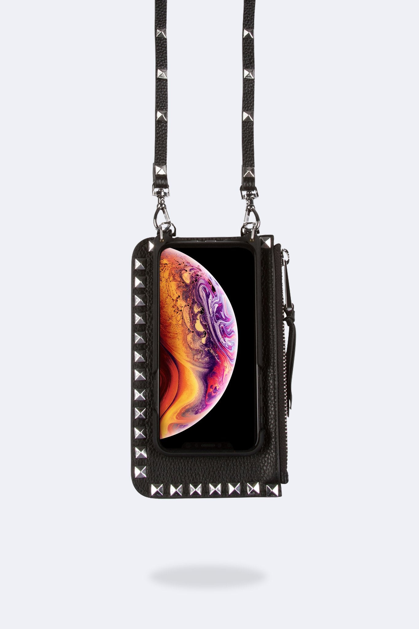 Pebble Leather Pyramid Stud Zip Pouch - Black/Silver