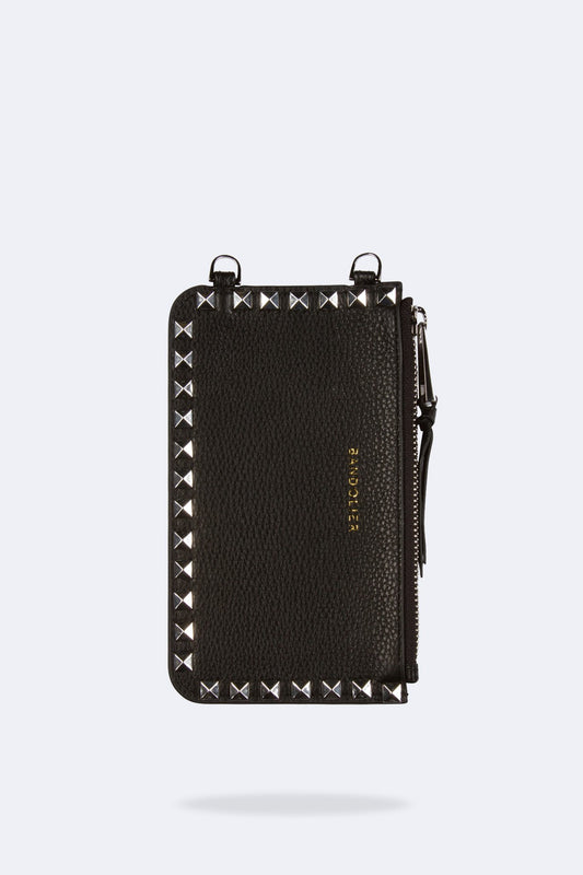Pebble Leather Pyramid Stud Zip Pouch - Black/Silver